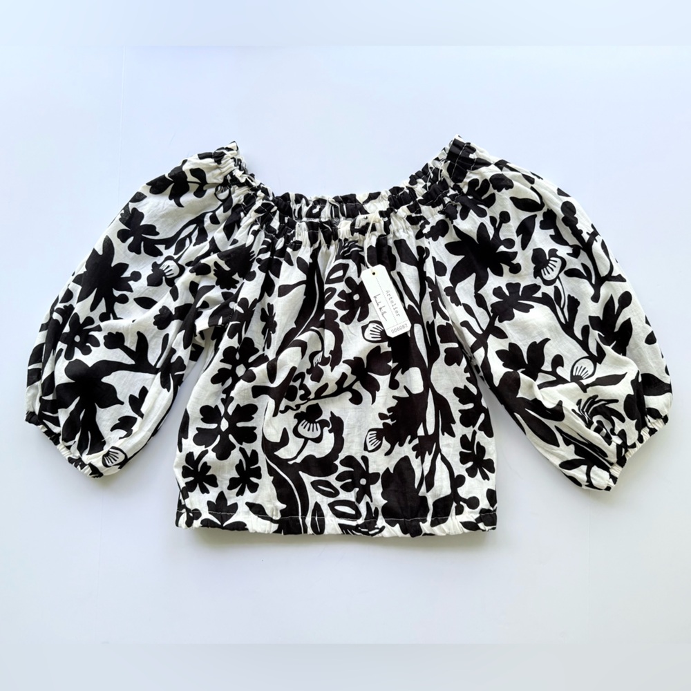 NWT Artelier Nicole Miller Black White /Ivory Linen Blend Off the Shoulder Top S
